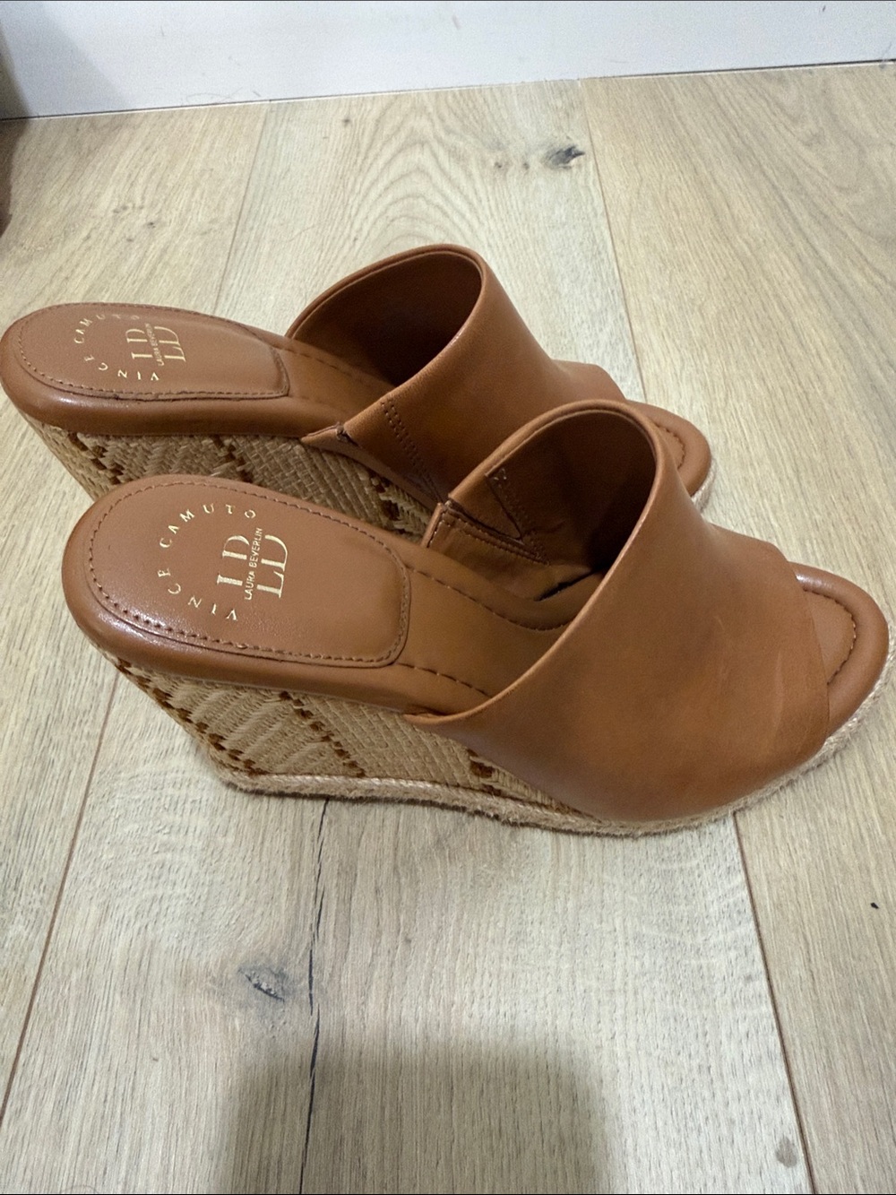 Vince Camuto Cognac Leather Wedge Slide Sandals - Picture 5 of 7